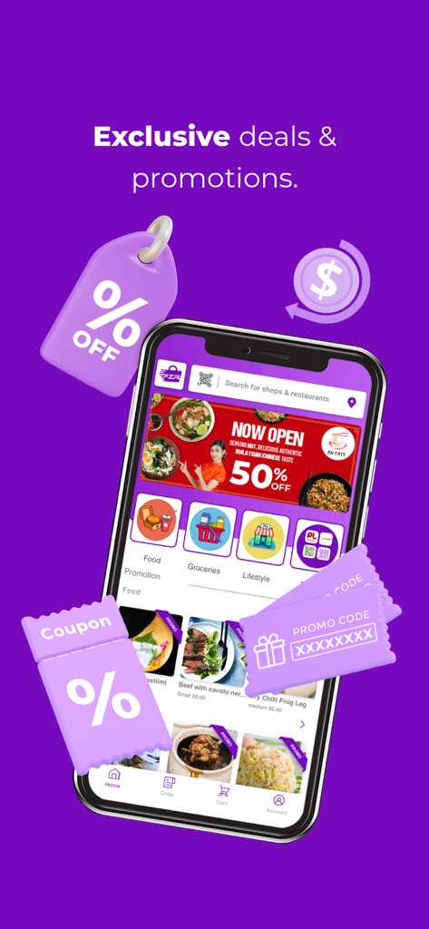 Phzaar - Phzaar app interface showcasing exclusive deals coupons and promo codes for food and lifestyle services