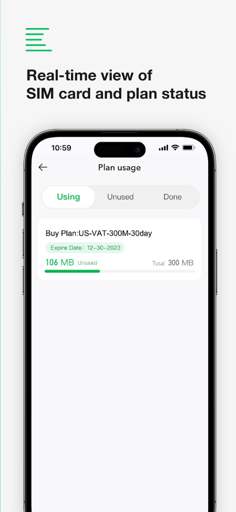Panel de control de la aplicación EIOTCLUB que muestra el uso de datos de SIM IoT en tiempo real y el estado del plan