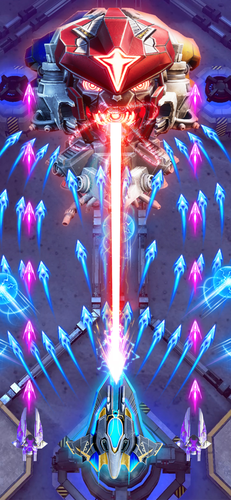 Jogo mobile Wing Fighter mostrando uma intensa batalha contra chefe estilo arcade com um jato de combate atirando um raio em um enorme inimigo mecânico.