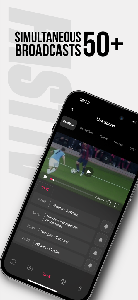 Fast TV mobile app showing live football streaming and a schedule of upcoming sports events.