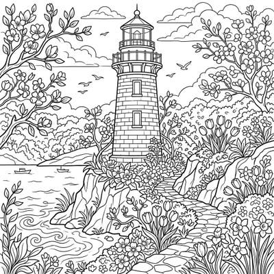 Embark on a tranquil coloring journey with this beautiful scene of a lighthouse standing tall amidst vibrant spring blossoms. This intricate design invites you to capture the fresh energy and serene charm of a coastal spring.