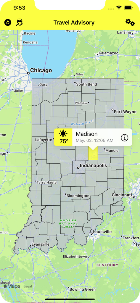 Travel Advisory - Screenshot of the Indiana Travel Advisory app showing an interactive map of Indiana counties with a weather popup for Madison county