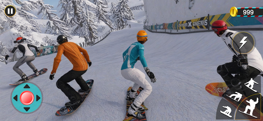 Skate Snowboarding - Ski Games - Multiple characters snowboarding down a snowy mountain slope performing stunts.