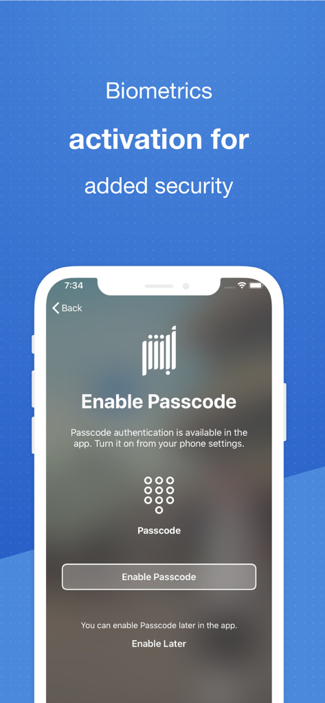 ABSHER Business - Absher Business app screen showing biometrics and passcode security activation