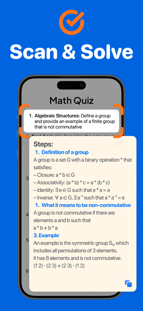 スマートフォンが数学の問題をスキャンして、即時のステップバイステップAIソリューションを提供しています。