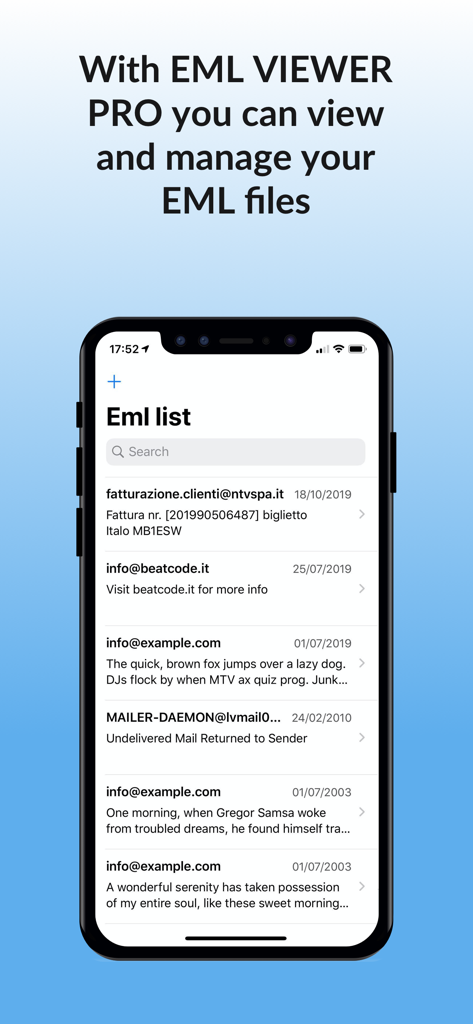 Interfaccia dell'app EML reader Pro che mostra un elenco di file EML su uno schermo di iPhone