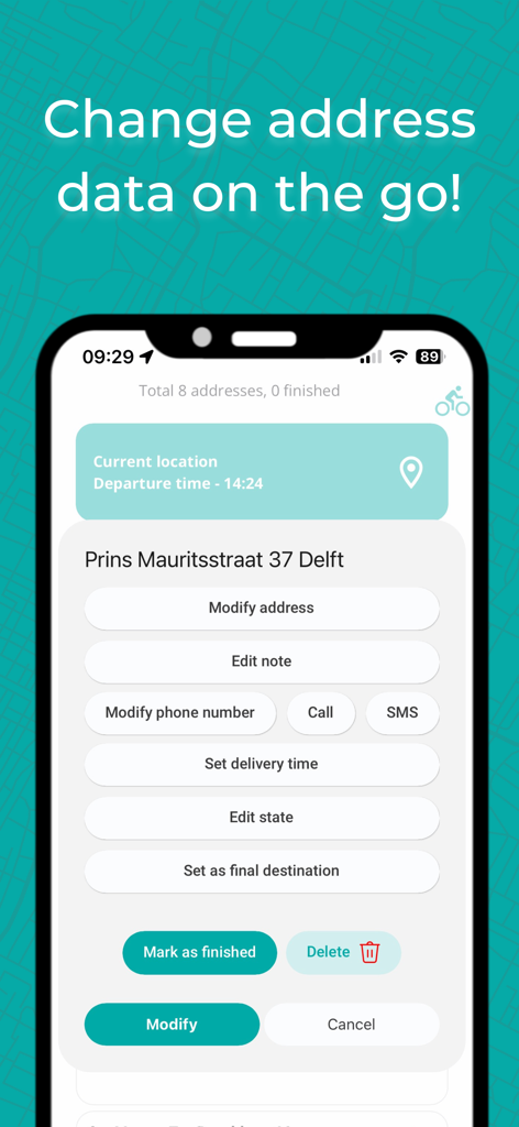 IBI - Optimal route planner - IBI app interface for modifying address details and delivery notes on a route stop