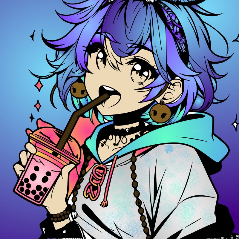 hot baddie anime girl drinking boba and biting the straw
