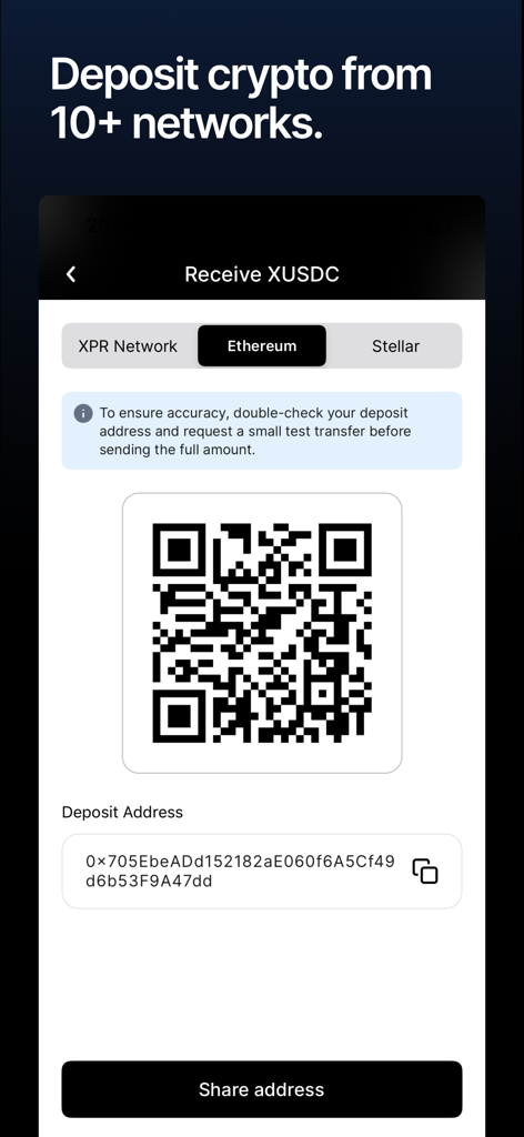 WebAuth mobile app interface showing a QR code and deposit address for receiving XUSDC on the Ethereum network.