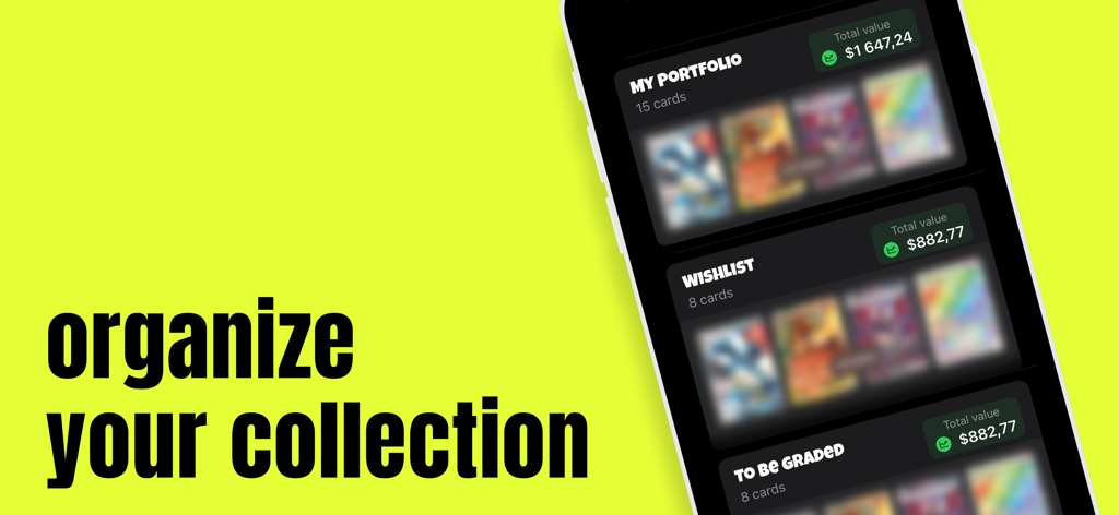 Card value Scanner - PokeLite - Ein mobiler App-Bildschirm, der eine Sammelkarten-Sammlung anzeigt, die in Portfolio- und Wunschlisten-Kategorien mit angezeigten Marktwerten organisiert ist.