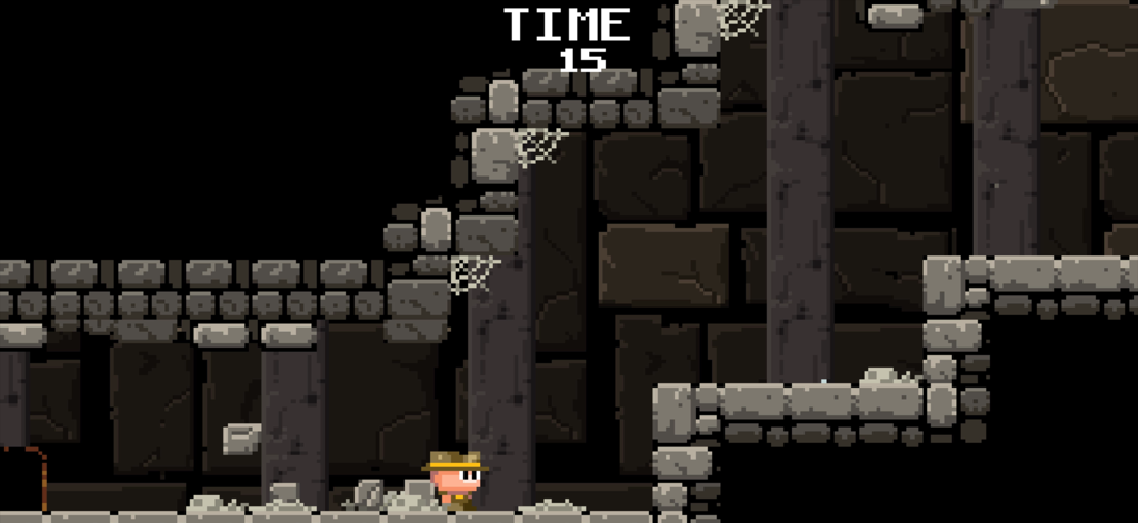 Personaggio a pixel art retro a 8-bit che naviga in un livello di tomba di pietra in Meganoid 2