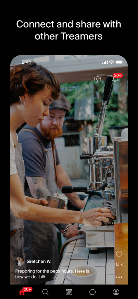 Treamer - Mobile screen of Treamer app showing a social post by a barista with coworkers at a coffee machine.