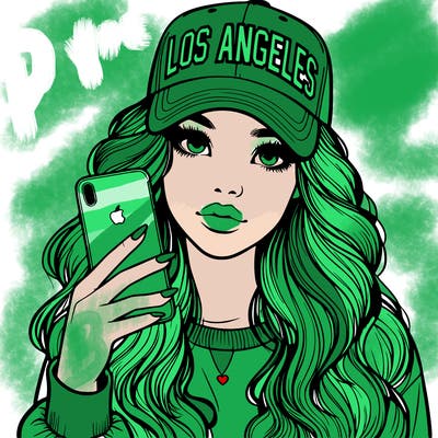 realistic beautiful girl wearing los ángeles cap holding an iphone