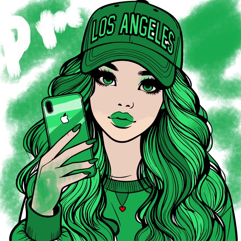 realistic beautiful girl wearing los ángeles cap holding an iphone