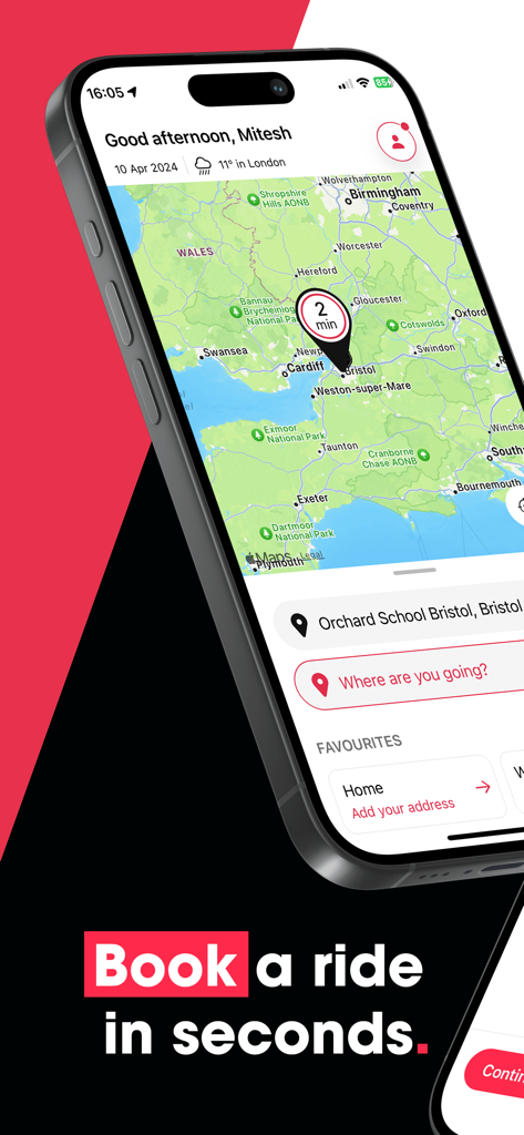 Veezu Taxi UK | Request a Ride - Veezu Taxi-App-Oberfläche auf einem Smartphone, die eine Karte des Vereinigten Königreichs und einen Fahrtenbuchungsbildschirm anzeigt