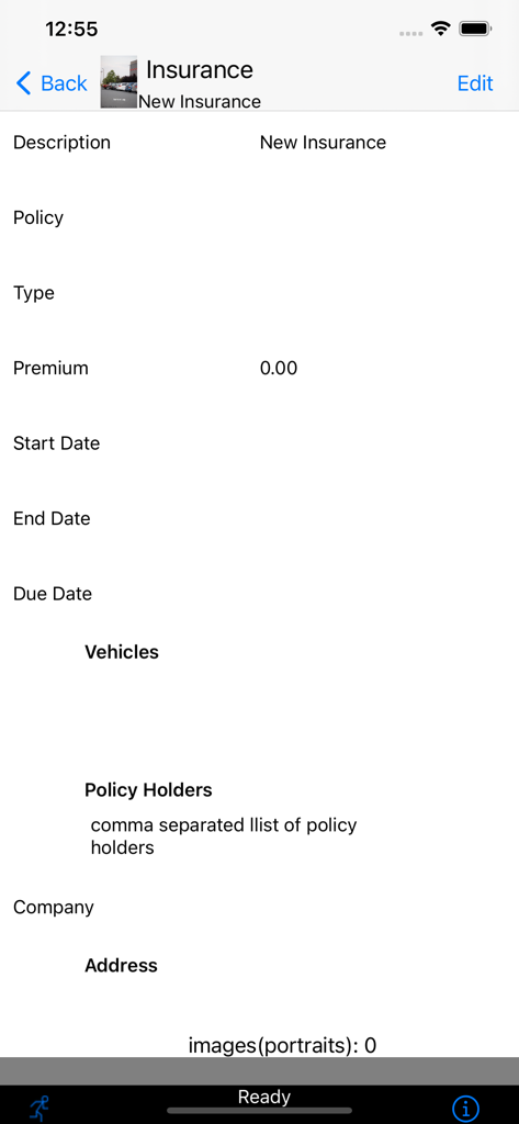 Vehicle Log - Captura de tela da tela de seguro do aplicativo Log de Veículo mostrando campos para informações da apólice, prêmio e datas