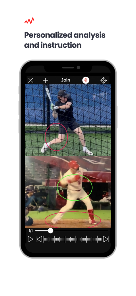 Skillest: #1 Sports Coaching - Mobile app interface displaying a side-by-side baseball swing analysis with technical markup and professional instruction.