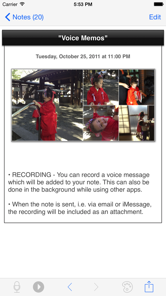 Eine Multimedia-Notiz in der all-in Notes App mit einer Fotocollage und Informationen zur Sprachaufnahme.