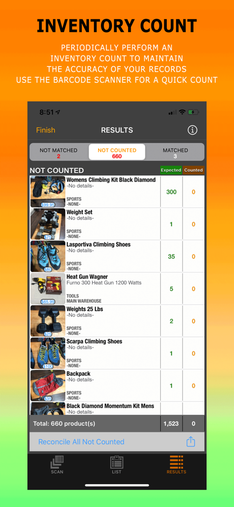 Smarter Inventory - Smarter Inventory app screen showing inventory count results with expected and counted stock quantities for various business items.