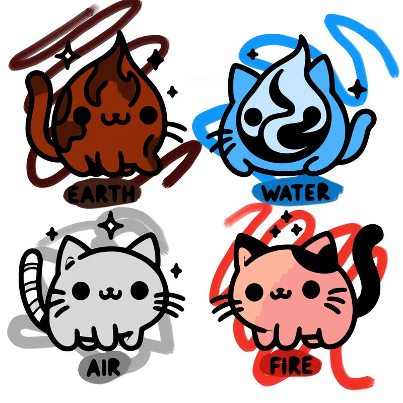 4 cats that represent the different elements, earth, water, air, and fire