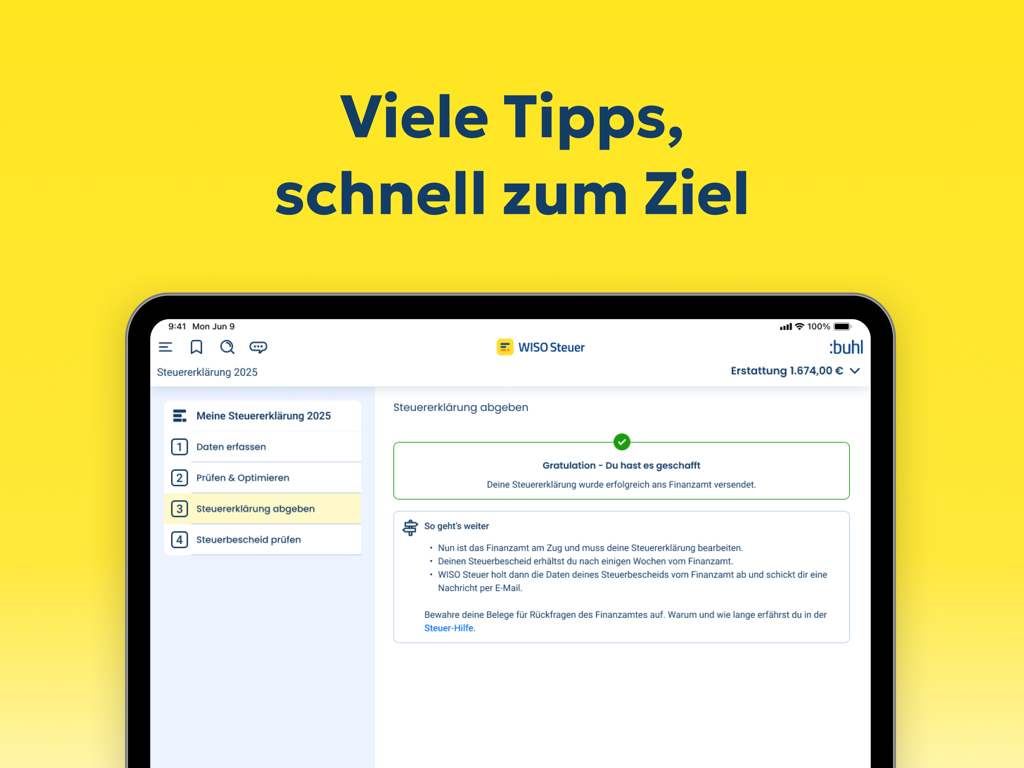 WISO Steuer fürs Tablet - Tablet interface showing a completed German tax return submission and refund estimate