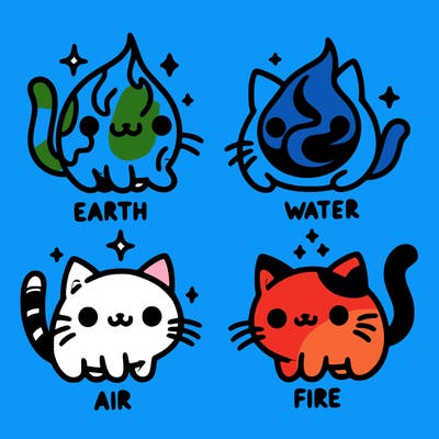4 cats that represent the different elements, earth, water, air, and fire