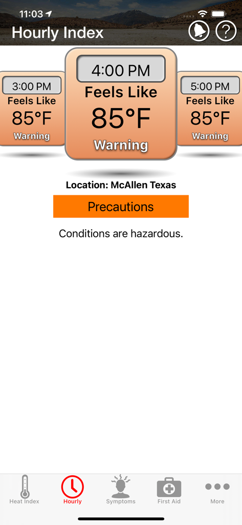 OSHA-NIOSH Heat Safety Tool - Screenshot of the OSHA-NIOSH Heat Safety Tool app showing an hourly heat index forecast for McAllen Texas with a warning level and temperature of 85 degrees Fahrenheit.