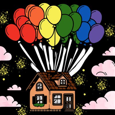 house floating from lots of balloons