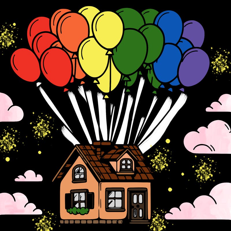 house floating from lots of balloons