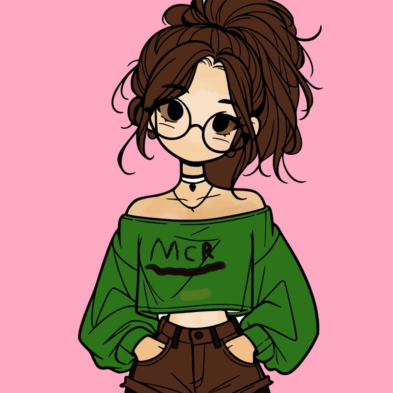 girl with a messy ponytail glasses a baggy crop top and jean shorts