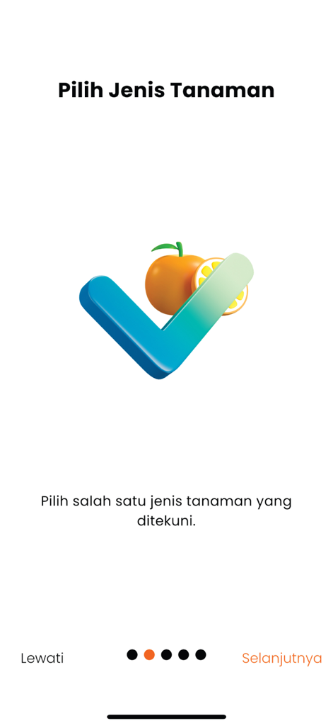 Petani Cerdas - Onboarding screen of the Petani Cerdas app for choosing plant types featuring a blue checkmark and orange fruit icon