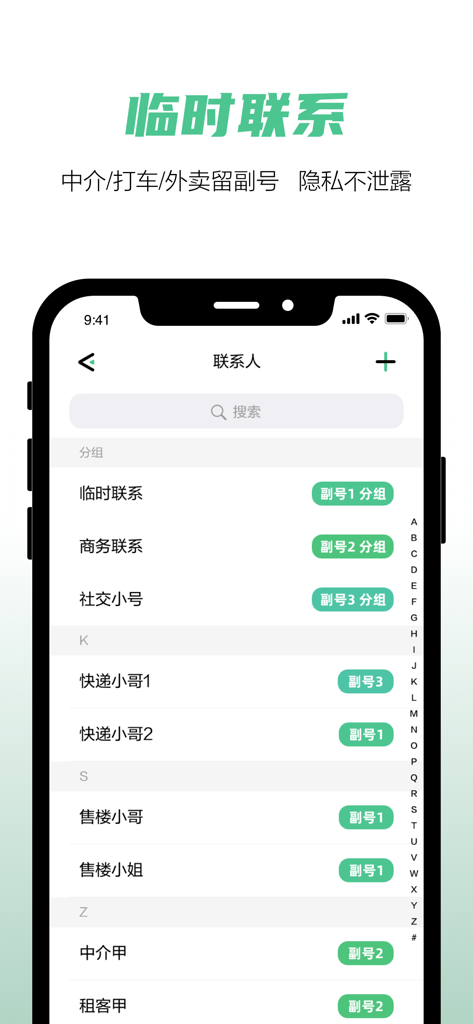 He Duo Hao app interface showing a list of contacts categorized by different virtual sub-numbers for privacy protection.