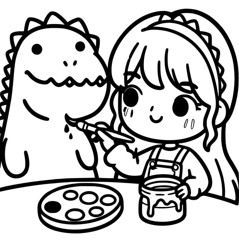 a girl that is painting a dinosaur