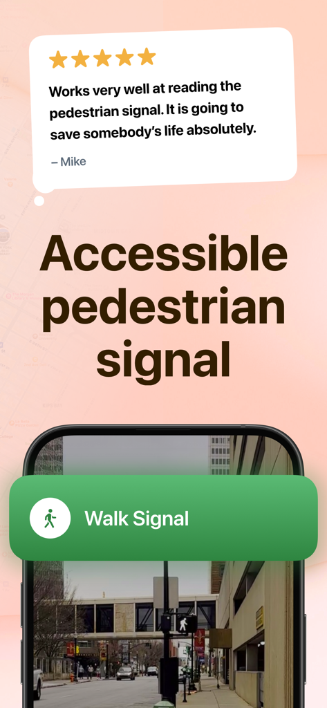 Oko - Cross streets and Maps - Promotional graphic for Oko app showing a five-star user review and a smartphone screen detecting a pedestrian walk signal at an urban intersection.