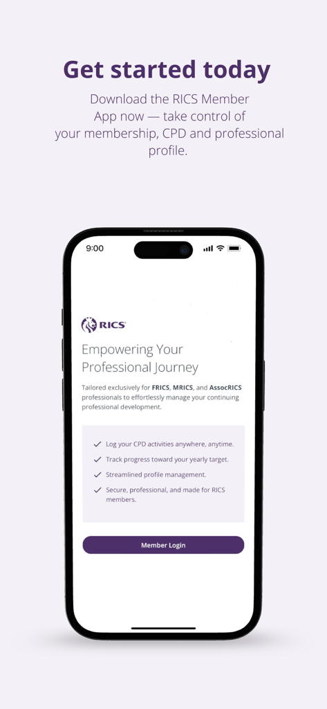 The RICS Member App welcome screen on an iPhone displaying features like CPD logging and professional profile management
