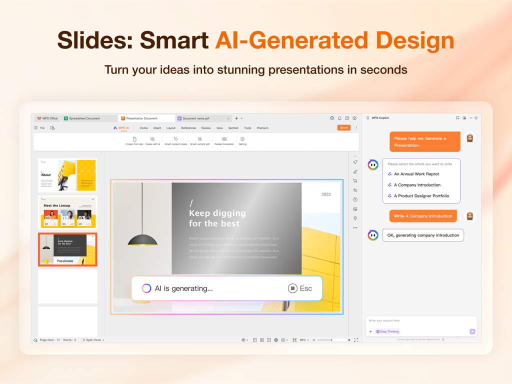 WPS for Pad: AI Office & PDF - WPS for Pad interface showing AI generating a presentation from a chat prompt