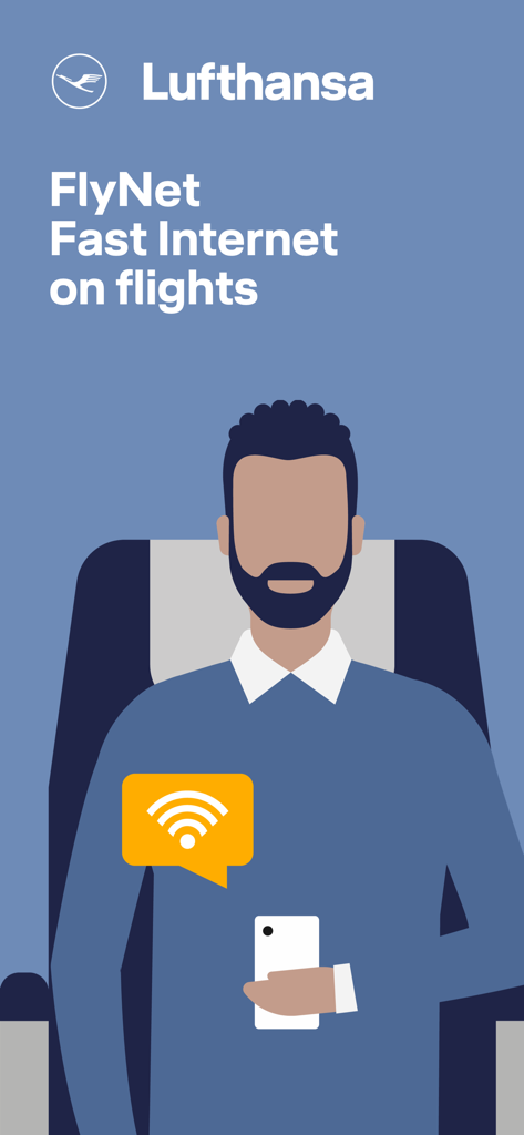 FlyNet - Lufthansa FlyNet App Werbebildschirm, der schnellen Internetzugang auf Flügen zeigt