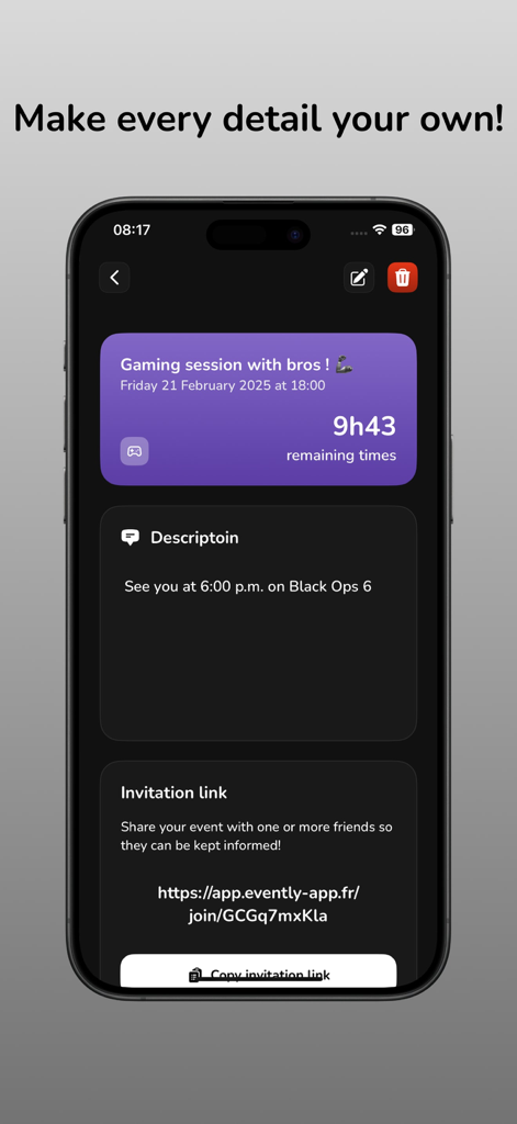 Evently – Event Organizer - Pantalla de la aplicación móvil Evently mostrando un evento de sesión de juegos con una cuenta regresiva y un enlace de invitación