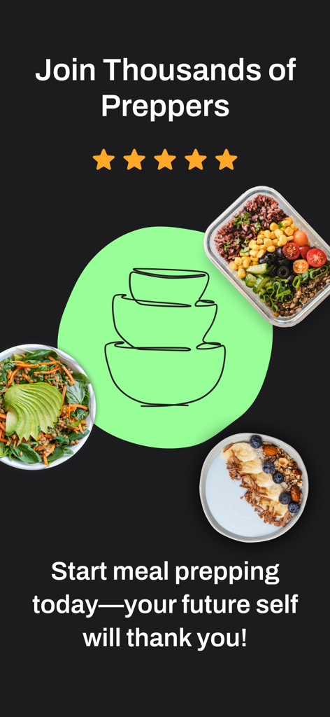 Preppd – Meal Prep & Planner - Gráfico promocional para o aplicativo de preparação de refeições Preppd com recipientes de comida saudável e uma classificação de cinco estrelas