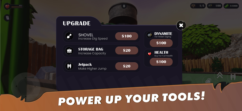 Treasure Core: Dig & Discover - In-game menu showing upgrades for the shovel, storage bag, and jetpack in Treasure Core