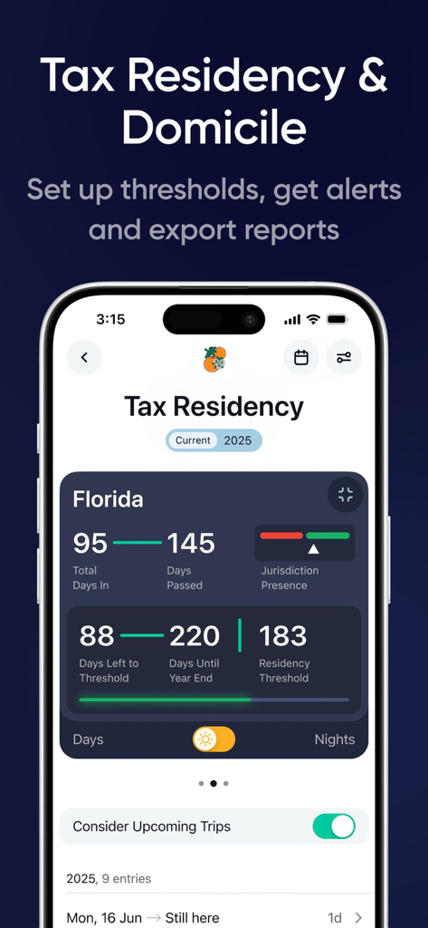 Flamingo app interface showing tax residency tracking and day count thresholds for Florida