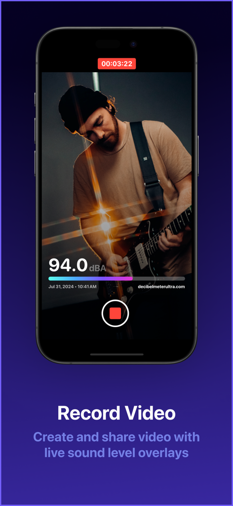 Decibel dB Sound Meter Ultra - App per smartphone che registra video di un musicista con sovrapposizione live del decibelmetro