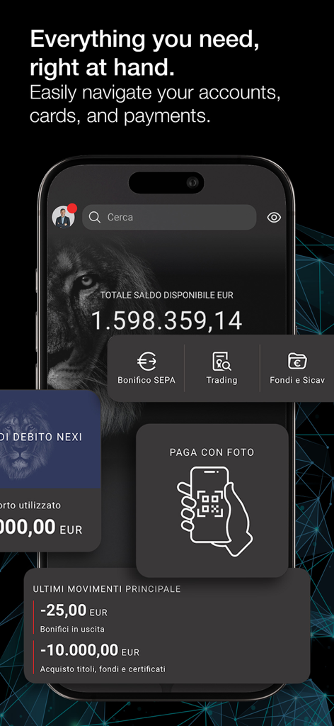 Premium dark mode interface of the Banca Generali Private banking app showing account balance and transaction history.