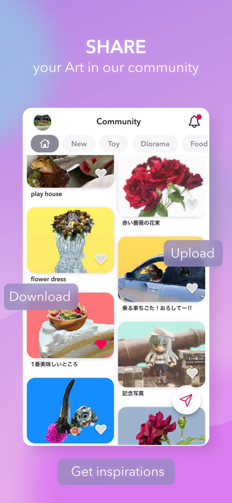 WIDAR 3D scan app community screen showing a gallery of shared user models including roses and figurines for inspiration
