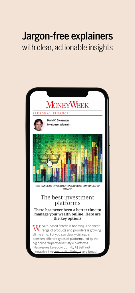 MoneyWeek mobile app showing a personal finance article about investment platforms