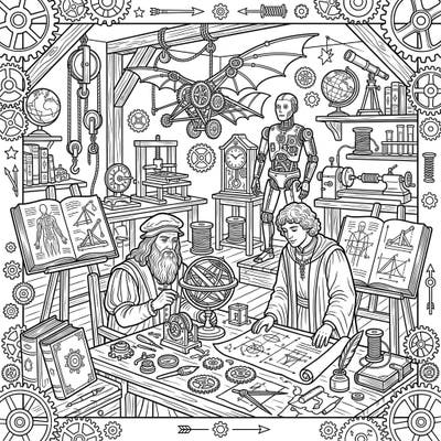 Step back in time to an era of groundbreaking innovation with this detailed coloring page featuring brilliant Renaissance inventors. Discover intricate machinery and ingenious designs as you bring this historical scene to life with your favorite colors.