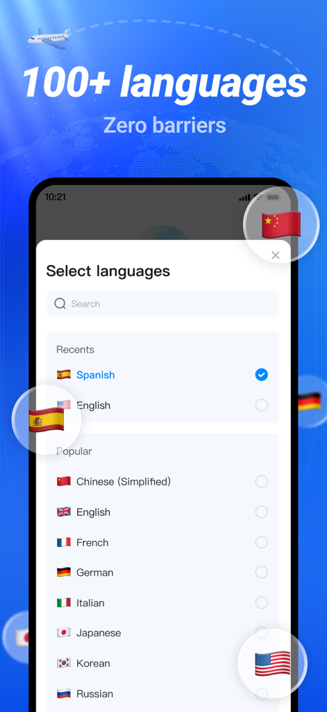 TransGPT mobile app interface showing a list of over 100 supported languages for real-time translation.