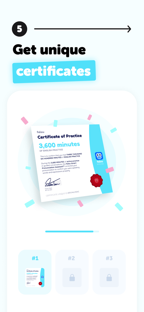 Falou - Fast language learning - Falou app screen showing a Certificate of Practice for three thousand six hundred minutes of language learning.