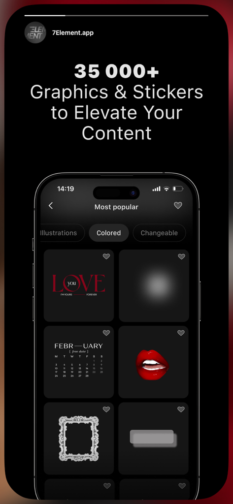 7Element: Fonts, Stickers, Sub - A screenshot of the 7Element app gallery featuring various trendy graphics and stickers to elevate social media content