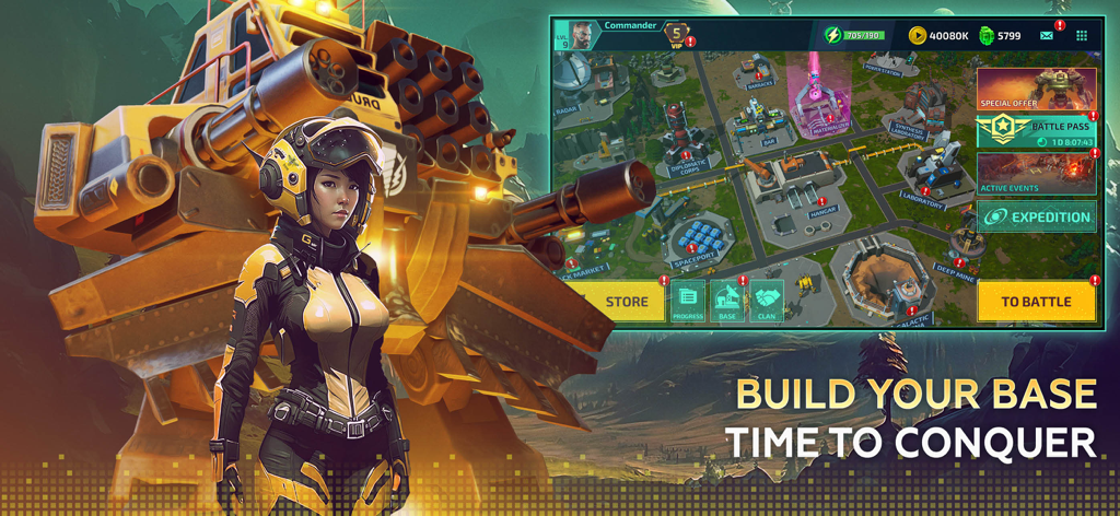 Mech & Aliens: Robot Battle - Interfaz de construcción de bases y arte de personajes de Mech y Aliens Robot Battle